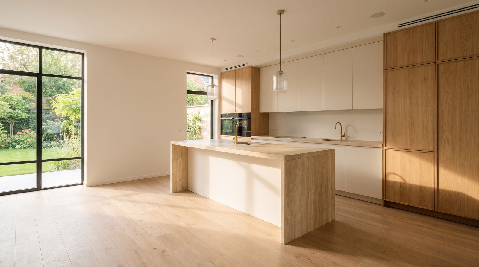 Lichte keuken op maat met eiken kastenwand en een eiland in travertin-look